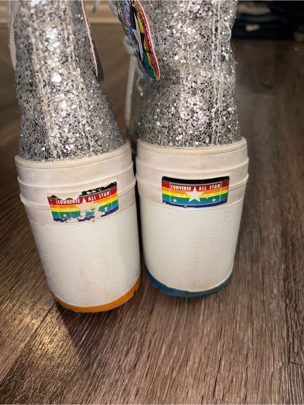 Unisex Silver Glitter Converse chuck 70 De Lux Pride Platform Heel Boots - Picture 4 of 11
